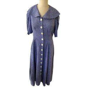 Vintage Hampton Dress Co Size 12 Blue Maxi Polka Sailor Collar Button Front 90s